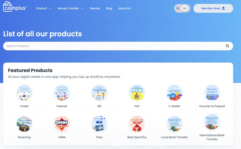 One product catalog: Telco, bills, electricity, e-wallets, e-money, Umrah roaming, and local and international transfers in one catalog.