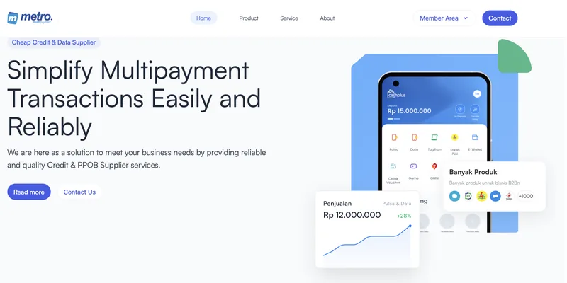 Metro Reload: B2B supplier site: The public face of the H2H network: airtime, data and PPOB supply for businesses, with the Cashplus app running on the same product catalog.